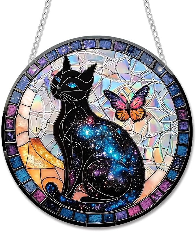 Acrylic Suncatcher Window Hanging, Black Cat Sun Catcher Rainbow Indoor Window Decoration for Living Room Bedroom Summer Home Balcony Ornaments, 7.87 inches
