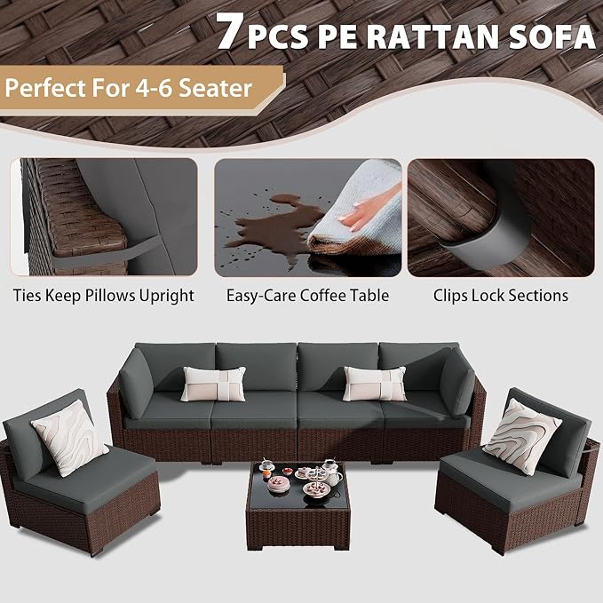KIGOTY 7-Piece Patio Furniture Set, All-Weather PE Rattan Outdoor Sectional Sofa, Modular Wicker Conversation Set with Thick Cushions & Easy-Clean Coffee Table（Brown/Dark Grey）