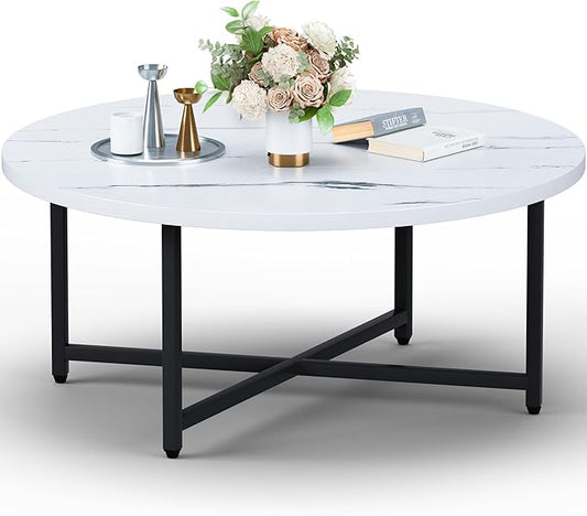 FAMIDGE Coffee Table, 31.5" Large Round Coffee Table for Living Room, Center Tables for Family & Office Use, Outdoor Coffee Table Round, Large White(31.5" D x 17.7" H)