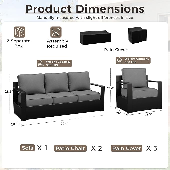 Outdoor Patio Furniture Set, 3-Piece Aluminum Patio Conversation Set All-Weather Metal Outdoor Sectional with 6 Inch Thick Cushions, Deep Setting for Garden, Outside and Porch, Grey