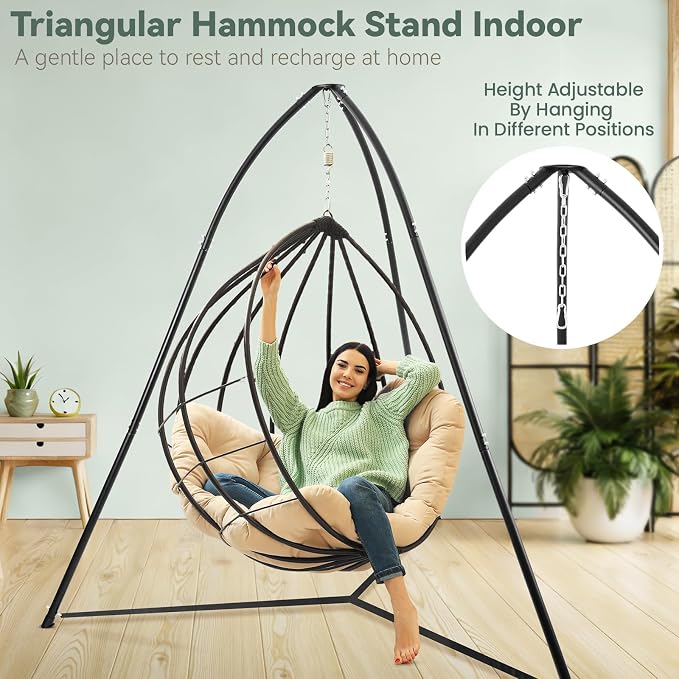Tripod Hammock Chair Stand for Multi-Use, Heavy-Duty Hammock Chair Stand for Indoor & Outdoor, with Height Adjustable Triangular Design, 330 lbs Capacity, Easy Assembly, Stand Only - Black