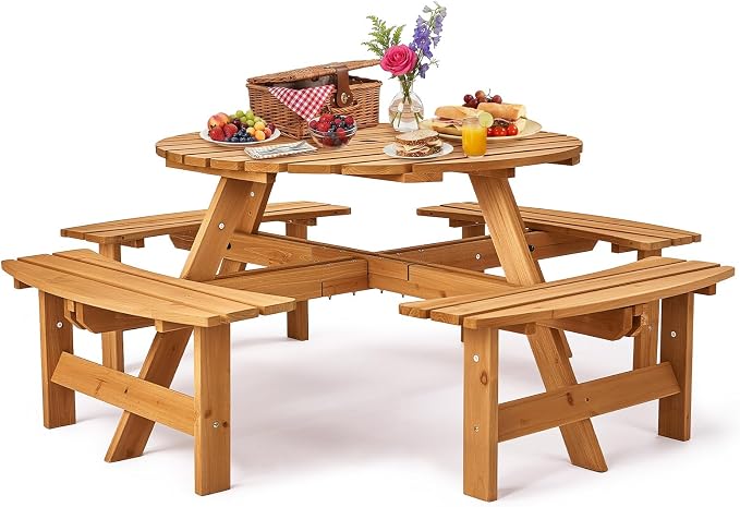 VINGLI 8-Person Wood Picnic Table Outdoor Round Picnic Table with Umbrella Hole and 4 Built-in Benches, Outdoor Dining Tables and Chairs 500 LBS Bench Capacity (Natural, Round)