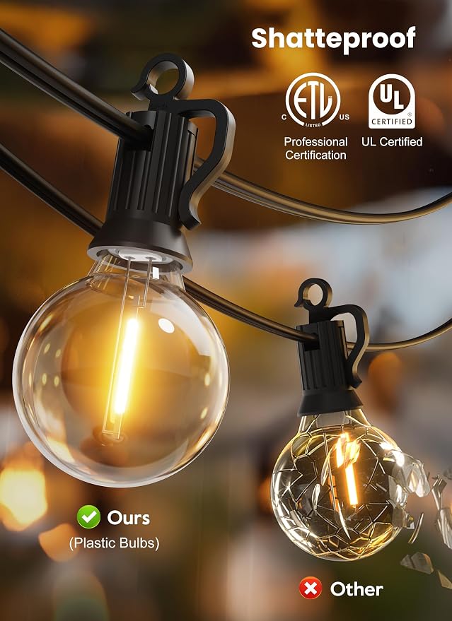 Brightown Outdoor String Lights, 30FT G40 LED IP65 Waterproof Patio Lights | 25 Shatterproof Edison Bulbs, Plug-In, Dimmable, Connectable, Outside Light for Backyard Porch Party Christmas Decorative