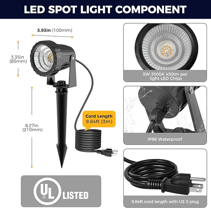 L LOHAS LED 5W Landscape Lighting Outdoor Spotlight 3000K 4 Pack | Waterproof Outdoor Flood Light with Dusk to Dawn Sensor, Plug in Landscape Lighting for Yard, Garden, Pathway and Plants
