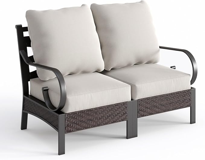 PHI VILLA Patio Sofa Outdoor Furniture, All-Weather Rattan & Metal 2 Seater Sofa with Cushions & Lumbar Pillows, Arm Lounge Loveseat for Patio, Balcony, Backyard, Deck, Poolside