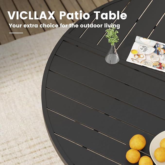 VICLLAX 60" Round Outdoor Table, Patio Dining Table for 8-10 with Umbrella Hole for Garden Lawn Deck Backyard, Black