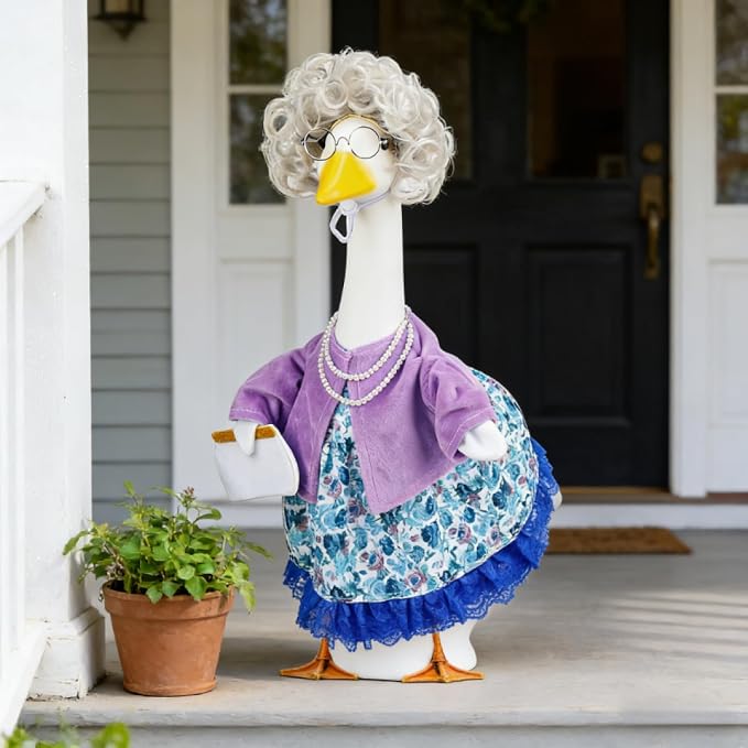 Old Lady Porch Goose Outfits Grandma Goose Clothes Glasses Curly Wig Floral Print Dress Cardign and Pearl Necklace,23'' Geese Statue Outdoor Patio Yard Lawn Decoration (Purple B)