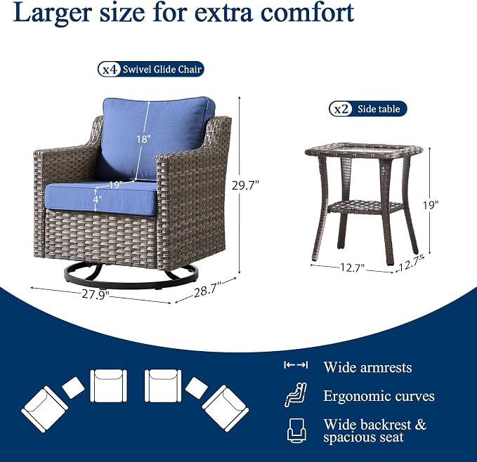 Luxury Patio Furniture Chairs Set - 6 Pieces All Weather Wicker Outdoor Couch and High Back Swivel Rocker Patio Chairs with Side Table for Deck Yard and Poolside Gray Wicker | Blue Cushions