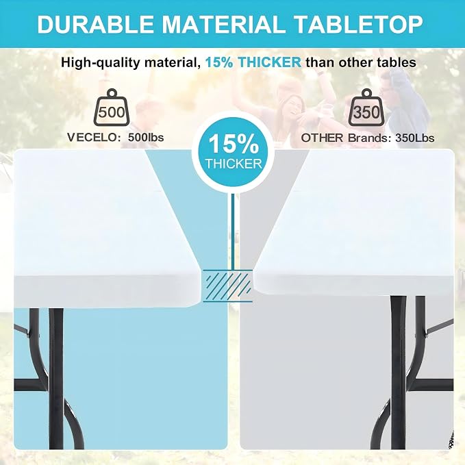VECELO 6 FT Thick Top Picnic Table with Portable Mesh Bag, Folding Table with Strong Side Support, 500lbs Capacity for Outdoor Camping, Party, Dining - White
