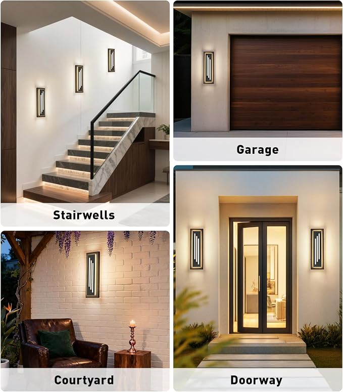 tewei 15.7'' Outdoor Wall Lights Modern Black LED Outdoor Wall Sconce, Large Long Exterior Lighting Fixtures, 3000K Waterproof Front Porch Lights Outside Lights for House, Garage, Indoor, 2 Pack