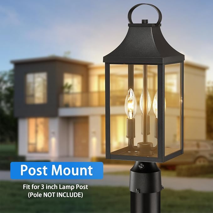 18.62'' Dusk to Dawn Post Light Outdoor, Large 3-Light Lamp Post Light | Modern Pillar Outside Lighting Waterproof Post Lantern Lamp Outdoor Post Light Fixtures Pole Lights for Porch, Black