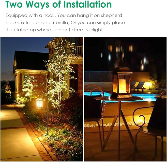 TomCare Flickering Flame Solar Lights Outdoor Metal Hanging Lantern, 4 Pack | Realistic Flame Effect, Charges in 6-8 Hours, 10-12-Hour Runtime, IP65 Waterproof, Auto On/Off for Patio, Garden and Porch