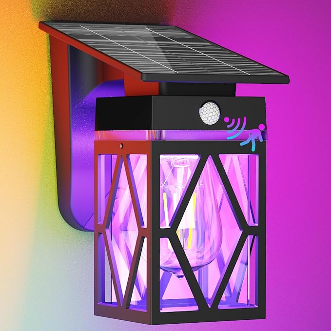1 Pack Solar Porch Lights Outdoor with Dusk-to-Dawn Motion Sensor | 200LM RGB Lighting, E26 Bulb, 10 Color Modes (RGB Cycle / Fixed), IP65 Waterproof for Front Porch, Garage, Patio, Decorative
