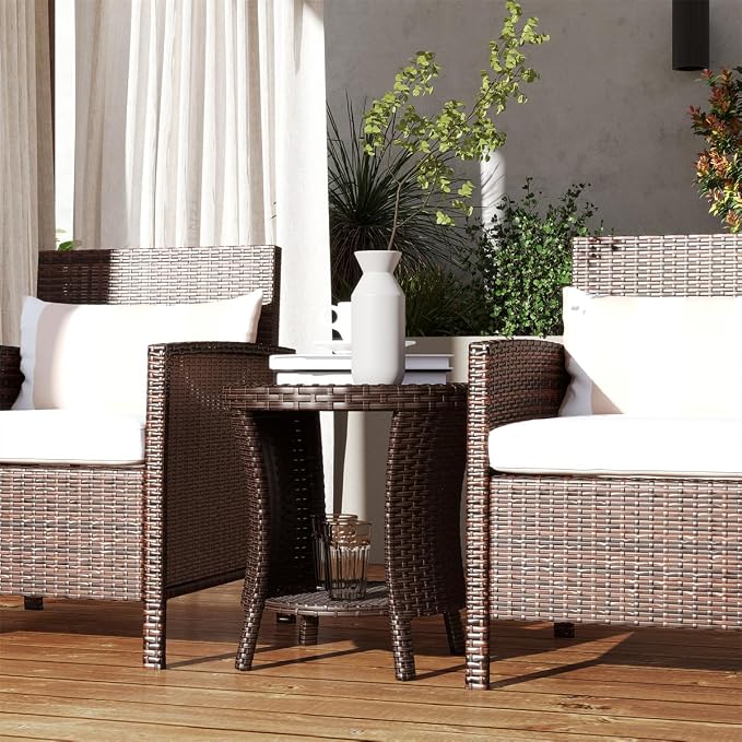 Outdoor Wicker Side Table Hourglass Shape Rattan Patio Table with Storage Shelf, All-Weather for Outside Patio, Porch, Garden, Brown