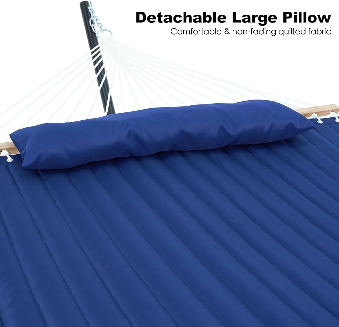 GAFETE 2 Person Hammock with Stand for Outside, Heavy Duty Steel Stand, Double 55inch Hammocks, Large Removable Pillow, Storage Bags, Max 475 lbs Capacity (Blue)