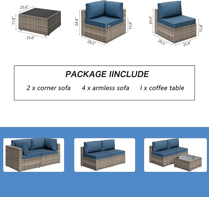 7 Piece Outdoor Patio Furniture Set,Natural PE Rattan Wicker Sectional Sofa, All Weather Conversation Set with Washable Cushions & Glass Coffee Table for Backyard Poolside Garden Porch,Navy Blue