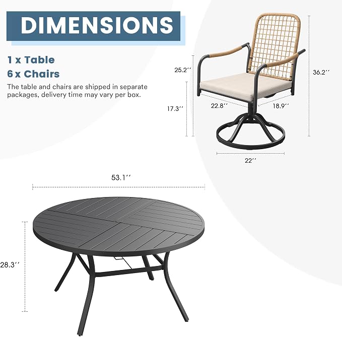 DIFY 7 Pieces Outdoor Dining Set, Metal Patio Table and Chairs Set for 6, 53.1" Round Dining Table with Umbrella Hole & Wicker Swivel Patio Chairs with Cushions, Black Tabletop