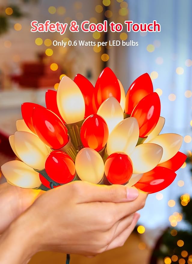 C9 Christmas Lights Outdoor, 100Ft 50 LED Red & Warm White String Lights | Waterproof Shatterproof Connectable Christmas Tree Lights for House Outside Roofline Patio Yard Home Xmas Decorations