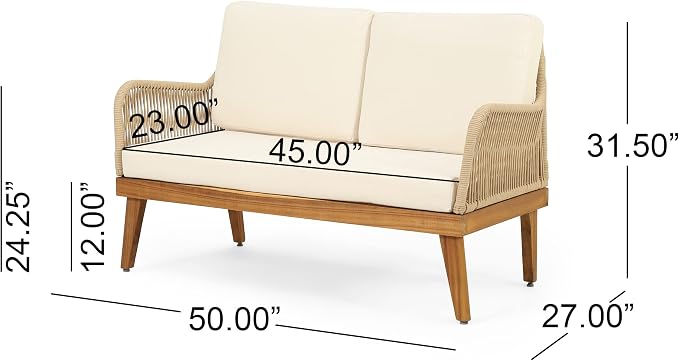 4-Piece Acacia Wood Patio Furniture Set, Outdoor Conversation Set with Rope Weave, Loveseat, 2 Chairs & Coffee Table, Teak