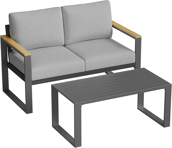 Aluminum Outdoor Patio Furniture - 1 Pcs Loveseat and Coffee Table, All-Weather Metal Modern Outside Furniture with Washable Thick Cushion for Balcony, Garden, Deck, Backyard,Gray