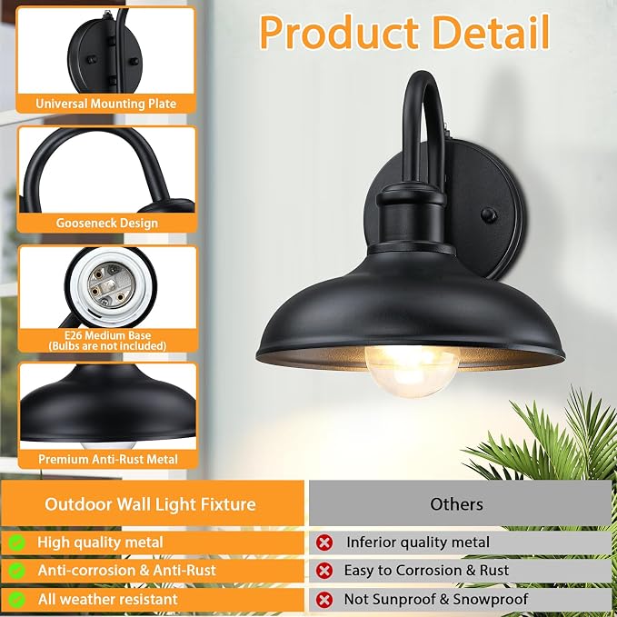Dusk to Dawn Gooseneck Outdoor Light Fixtures, Farmhouse Barn Lights | Industrial Porch Lights, Black Exterior Wall Sconce for Garage, E26 Anti-Rust for Frontdoor Entryway, 2 Packs