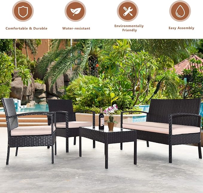 COSTWAY 4 PCS Patio Rattan Conversation Furniture Set Cushioned Seat Glass Tabletop