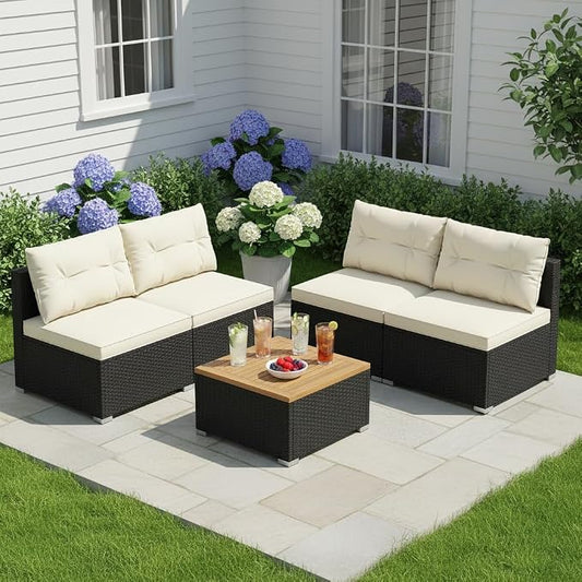 Tangkula 5 Pieces Wicker Patio Furniture Set, Outdoor 4 Armless Rattan Sofa & Coffee Table Set, with Cushions, Acacia Wood Tabletop, Sectional Patio Conversation Set for Lawn, Yard, Poolside