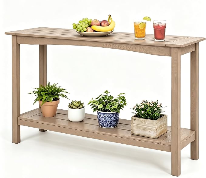 Outdoor Console Table, All-Weather Patio Console Table, 2-Tier OutsidePlant Stand Table, Low Maintenance, Never Rot or Fade, HIPS Table for Indoor, Backyard, Garden, Entryway, Coffee