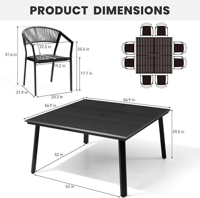 9-Piece Aluminum Square Patio Dining Set with Stackable Wicker Chairs | 57" Outdoor Dining Table and with 8 Grey Barrel Chairs Weather Resistant Furniture for Backyard, Deck, Poolside