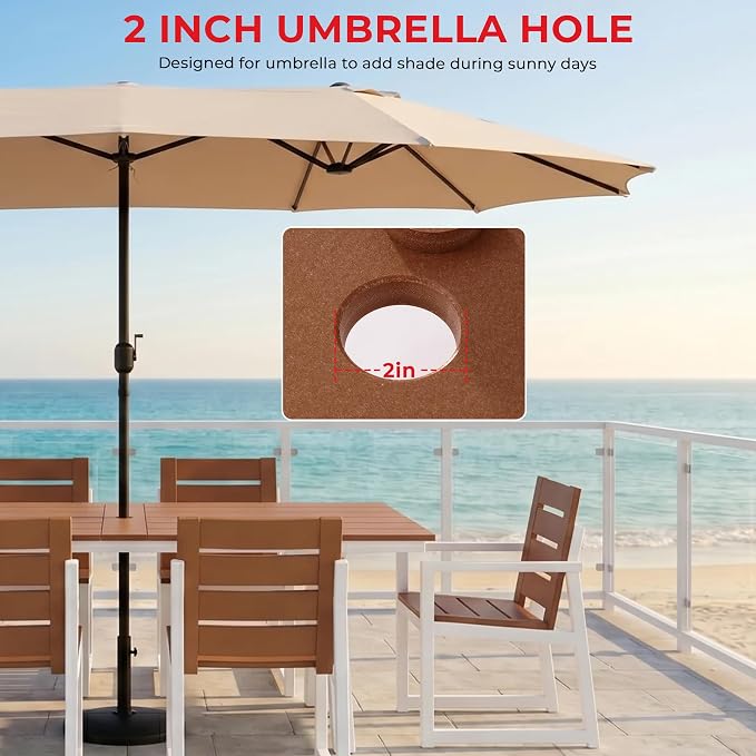 Costaelm Stinson 7-Piece Outdoor HDPE Patio Dining Table Set with Umbrella Hole & Dining Chairs for 6, Teak