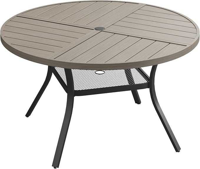 VICLLAX 47.2" Round Patio Dining Table for 4-6, All Weather Metal Outdoor Table with 1.57" Umbrella Hole and Storage Shelf for Garden Lawn Deck, Grey