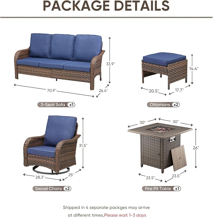 Patio Furniture Set - 6 Pieces All Weather Wicker Outdoor Furniture with 2 Swivel Chairs, 2 Ottomans, 1 Sofa and Fire Pit Table, Ergonomic Design for Porch, Deck, Balcony, Garden, and Backyard(Blue)