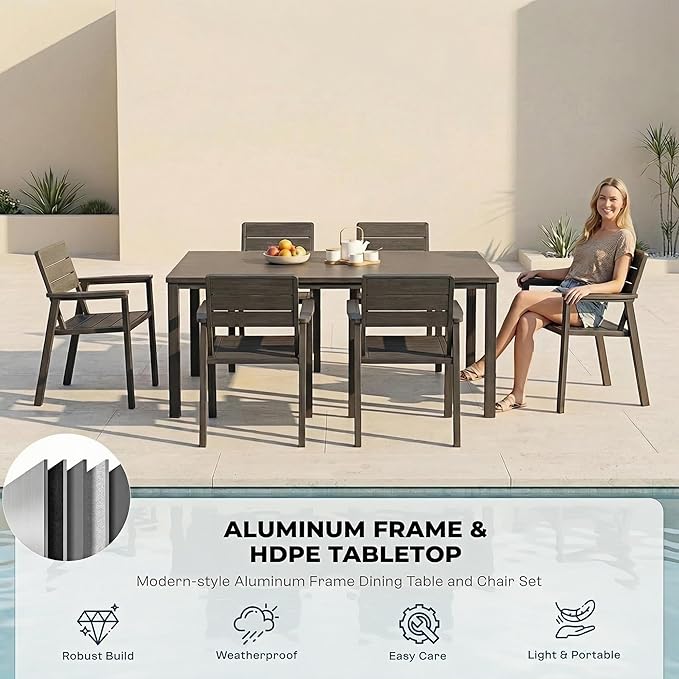 Kingdura 7 Piece Patio Dining Set for 6, HDPE & Metal Outdoor Table & Chairs with Umbrella Hole, All-Weather Outdoor Furniture Patio Conversation Set for Lawn Pool Backyard, Grey