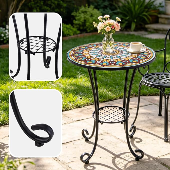 Mosaic Outdoor Side Table Small Round Patio Table Plant Stand | 21" Accent End Table with 14" Ceramic Tile Top for Small Spaces Porch Pool Garden Decor Indoor Living Room Bedroom Balcony