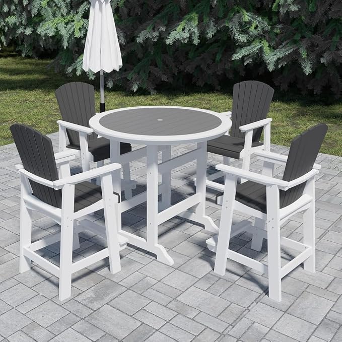 Outdoor Bar Height Table and Chairs Set of 5, Round Counter Bar Table with 1.96" Umbrella Hole, 4 Pcs Tall Adirondack Chairs Bar Stools with Arm, Patio Dining Set for Backyard Deck Balcony Front Porch