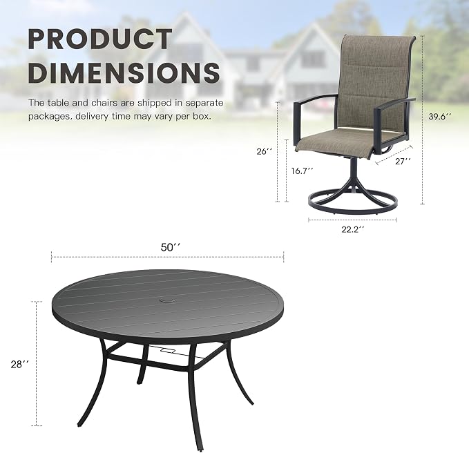 Outdoor Dining Set for 6, 50" Outdoor Dining Table with Umbrella Hole and Padded Textilene Patio Swivel Chairs, 7 Pieces Patio Table and Chairs Set for Garden Backyard, Mixed Brown and Black