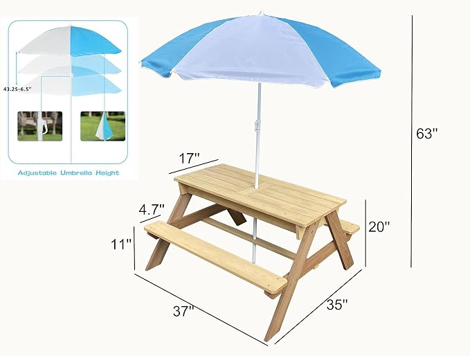 BTExpert Kids 3-in-1 Sand Water Activity Table Wooden Outdoor Convertible Picnic Table Bench Adjustable Umbrella Removable Top 2 Play Boxes Toy Set 37 x 35 in