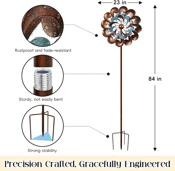 Pure Echo Large Wind Spinners Outdoor - 84" H Kinetic Metal Garden Decor | Decorative Yard Garden Kinetic Wind Spinner with Stake, Spins Easily, Weather Resistant, Gift Idea for Birthday, Retro Copper