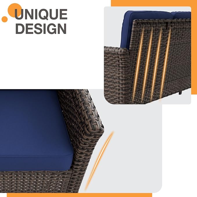 COOS BAY Harbor Retreat 5 Piece Outdoor Furniture Set, Patio Conversation Set with Patio Chairs, 2 Seat Loveseat and Ottomans, Wicker Furniture, Brown/Blue