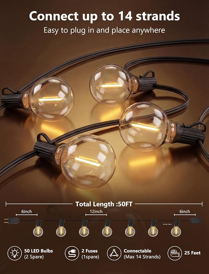 GOOTHY G40 LED Outdoor String Lights, 50Ft Patio String Lights Waterproof with 52 Shatterproof Globe Bulbs, Hanging Outdoor Lights for House Backyard Party Cafe Balcony Porch Christmas Decor, Black