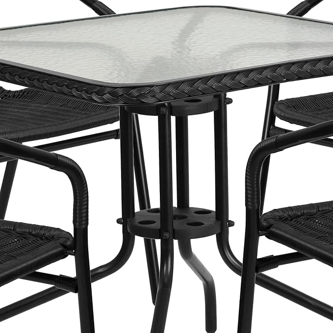 Flash Furniture 5-Piece 28" Square Indoor/Outdoor Patio Table and Chairs Set, Dining Set with Glass Metal Bistro Table, 4 Stack Rattan Chairs, Black