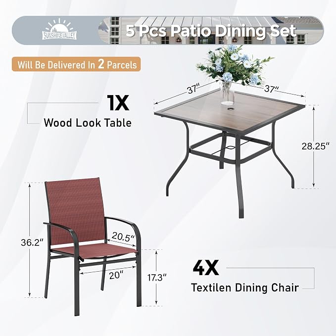 SUNSHINE VALLEY 5 Piece Patio Dining Set for 4, 37'x37' Square Table with Umbrella Hole and 4 Metal Chairs, Outdoor Table and Chairs Set for Lawn, Backyard and Deck, Red