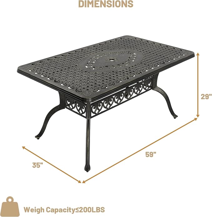 Clihome 59" Outdoor Dining Table 6-Person Cast Aluminum Patio Table with 2" Umbrella Hole Rectangle Patio Dining Table for Yard, Garden, Patio B
