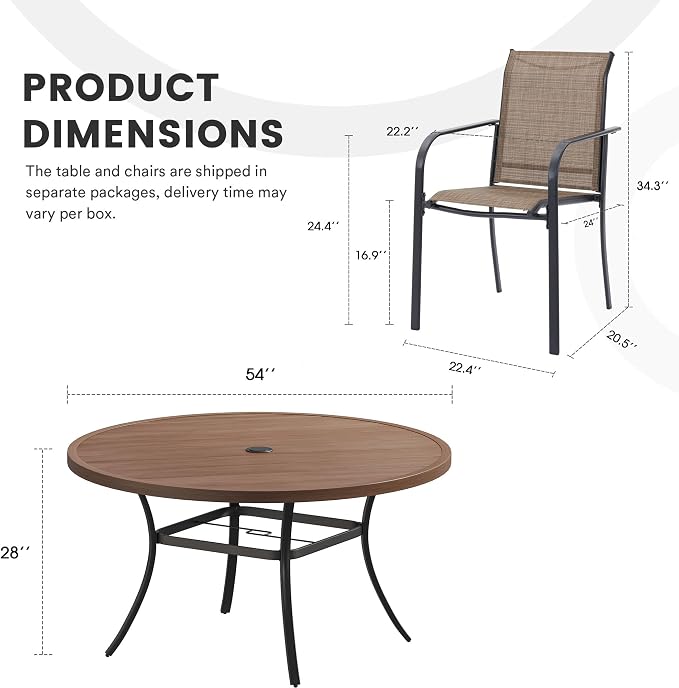 9 Pieces Patio Dining Set, 53" Round Dining Table with Umbrella Hole, 8 Stackable Textilene Fabric Chairs, Metal Structure for Patio, Porch, Garden(Walnut Table, Brown Chair)