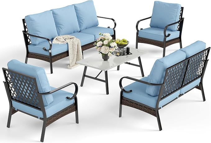 SUNSHINE VALLEY 5-Piece Metal Outdoor Patio Furniture Set - 1 3-Seater & 2-Seater Sofa, 2 Fixed Chairs with 5.75" Thick Cushion & Coffee Table - Black & Blue