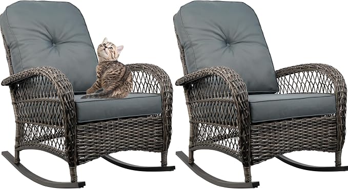 Outdoor Wicker Rocking Chair, All Weather Resin Rattan Wicker Rocking Chairs, for Garden Backyard Lown Porch,2pc,Grey