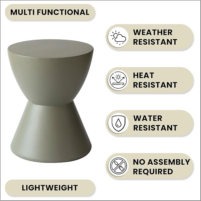 LeisureMod Loft Series Moss Grey Fiberstone Side Table - Modern Hourglass Round Pedestal - 18-inch Weather-Resistant Accent for Outdoor Patio and Indoor Living Room Decor