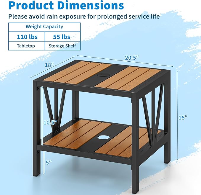 Tangkula Outdoor Side Table with 1.57” Umbrella Hole, 2-Tier Patio Metal End Table with Storage Shelf, Small Bistro Coffee Table for Porch, Balcony, Garden and Backyard (1)