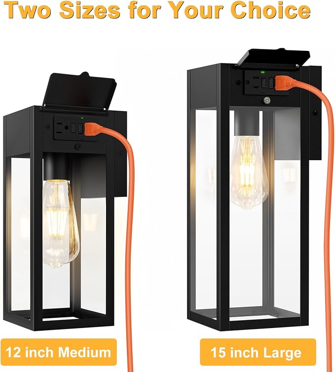 Large Porch Light with GFCI Outlet, 15 Inch Outdoor Light with Outlet Built-in, Waterproof Exterior Light Fixtures Wall Mount, Outside Lights for House Front Door Garage
