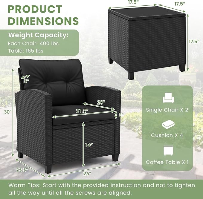 ORALNER 3 Pieces Patio Furniture Set, Wicker Conversation Set Outdoor Chairs with Cushions, Glass Coffee Table, Rattan Bistro Set for Front Porch Balcony Garden Deck Poolside (Black)